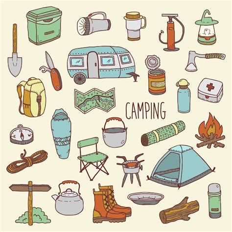 Camping Vector Conjunto De Iconos Coloridos Dibujados A Mano Vector