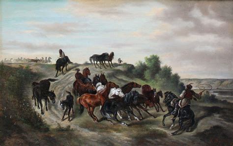 Hungarian Painter 19th Century Puszta Steppe Landscape With Horse Herd