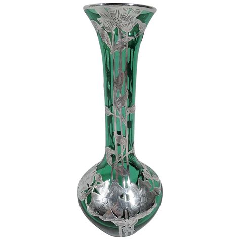 Antique Alvin Art Nouveau Green Silver Overlay Vase For Sale At 1stdibs