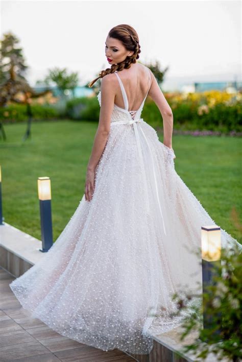 Boho Chic Wedding Dress With Pearls Princess Wedding Dress In Pale