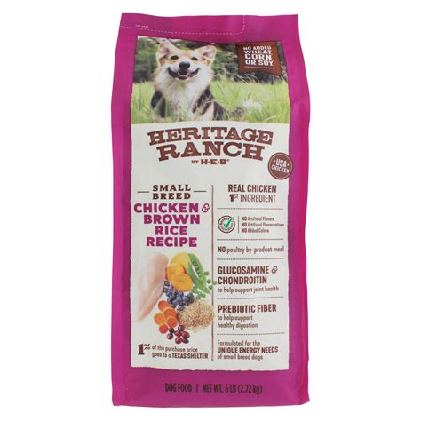 Their three main categories of dog food contain a variety of carefully formulated foods using only the best ingredients sourced from the united states. Heritage Ranch by H-E-B Small Breed Chicken & Brown Rice ...