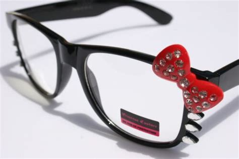 Fashion Women Rhinestone Black Frame Red Bowtie Hello Kitty Nerd Lens Glasses Ebay
