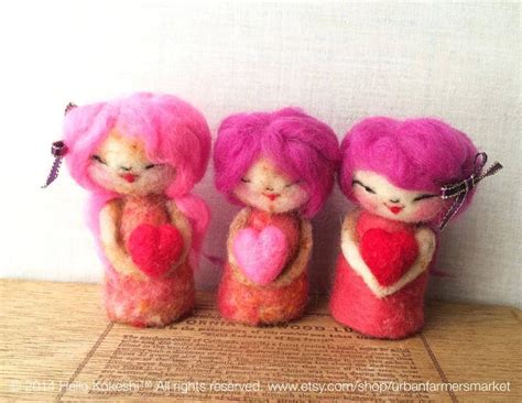 3 Felted Kokeshi Dolls Holding Hearts By Connie Lee At Happy Lucky Kat