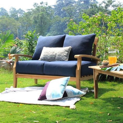 Cambridge Casual Caterina Teak Wood Outdoor Loveseat With Navy Cushion