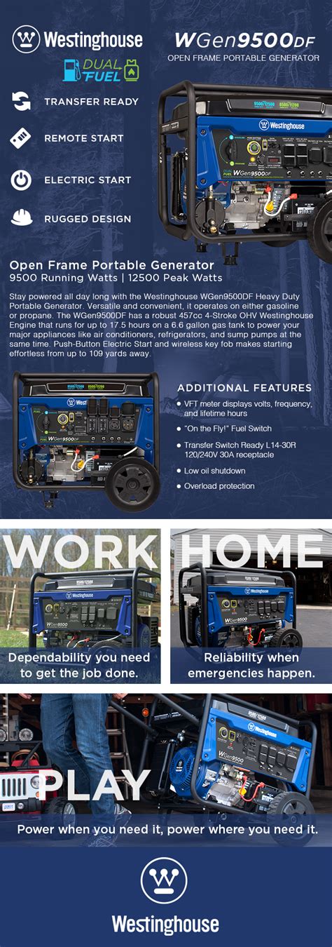 Westinghouse generators are in a class of their own. Westinghouse 12,500/9,500-Watt Heavy-Duty Dual Fuel ...