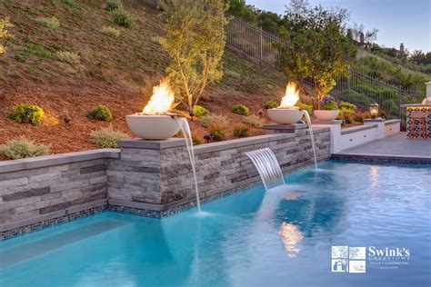 Fire And Water Bowls With Sheer Descent Water Feature Pools Backyard