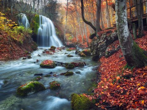 Autumn In The Grand Canyon Of Crimea Silver Stream Waterfall Ukraine