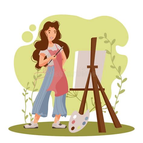 Beautiful Woman Artist Painter Working On Canvas At Easel Cartoon