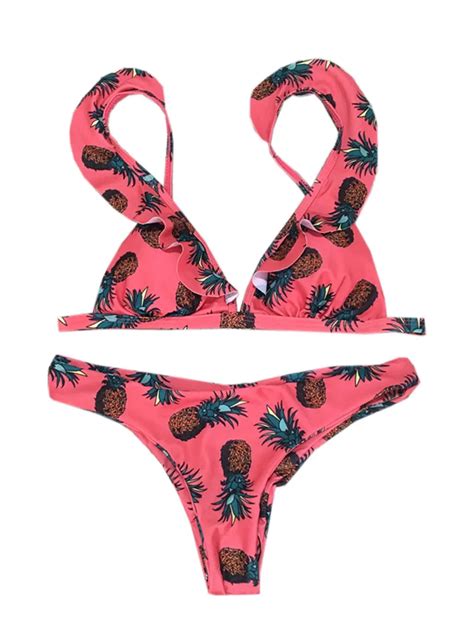 pineapple bikini brazilian women swimsuit ruffle shoulder bikini set pad vest bikini low waist