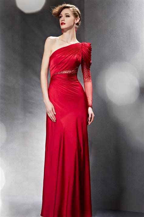 Elegant Ruched Beading One Shoulder Long Sleeve Red Long Prom Dress Xhc30669