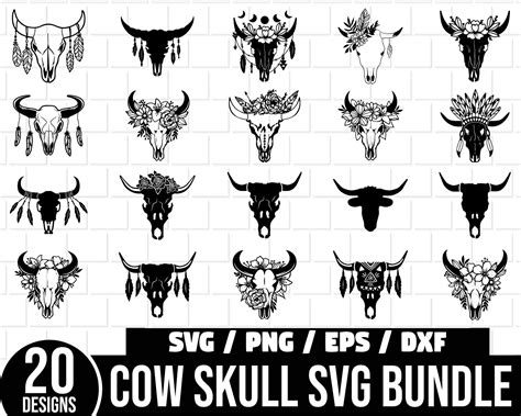 Cow Skull Svg Bundle Cow Skull With Feathers Svg Southwest Etsy Canada