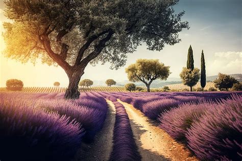 Purple Lavender Field In Provence At Sunset Lavender Generative Ai