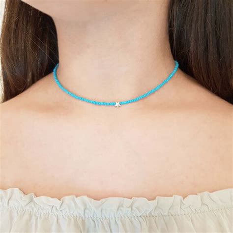 Turquoise Beaded Choker With Silver Star Beaded Necklace Etsy