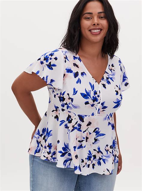 Plus Size Ivory And Blue Floral Georgette Peplum Blouse Torrid