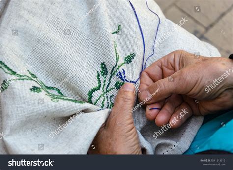 Hands Elderly Woman Embroidering Crossstitch Floral Stock Photo