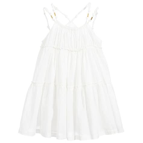 Girls Off White Dress With Twisted Cotton Straps By Chloé Made In Two