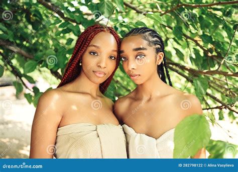 Fashion Close Up Outdoor Portrait Beautiful Young African American Female Couple With Braids