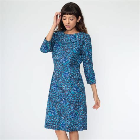 1960s blue floral dress wiggle 60s mini pencil sheath… gem