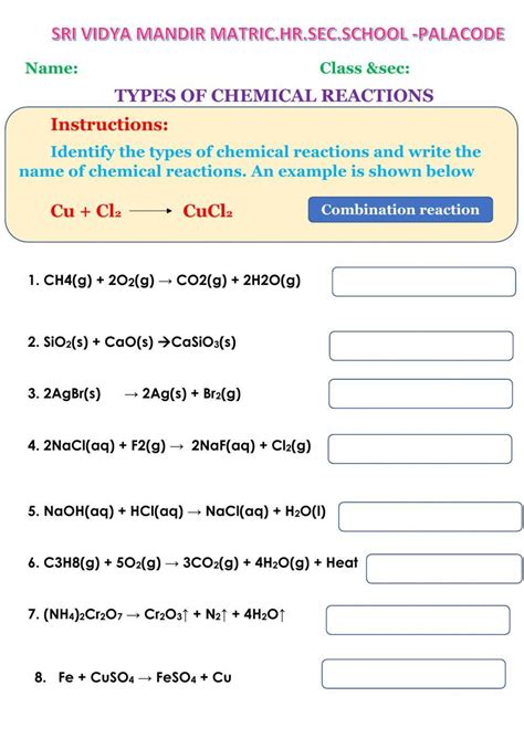 Types Of Chemical Reactions Worksheet Live Worksheets