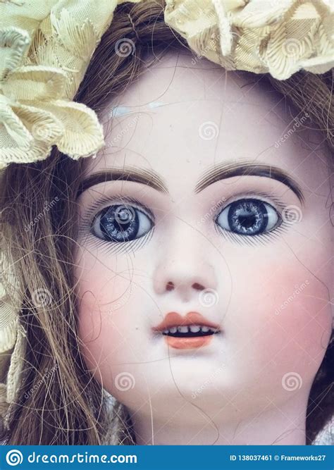 Antique French Porcelain Bisque Doll Face With Blue Glass Eyes Stock