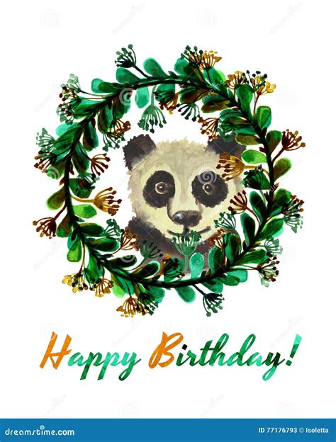 Happy Birthday Card With Cute Watercolor Panda Bear In Wreath Of Leaves