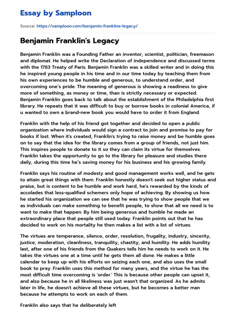 ≫ Benjamin Franklins Legacy Free Essay Sample On