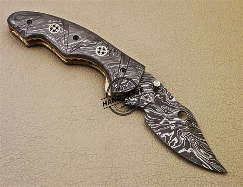 Full Damascus Folding Knife Custom Handmade Damascus Steel