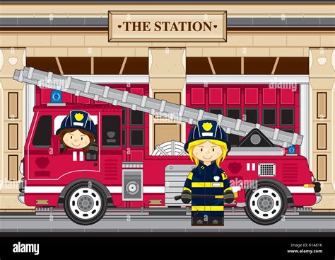 Cute Cartoon Fireman Firefighter And Fire Truck Vector Illustration
