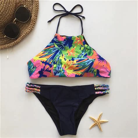 sex bikinis women swimsuit 2018 summer two piece bathing suits push up bikini halter printed
