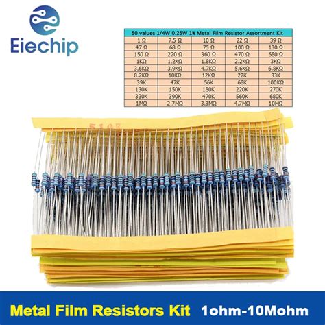 500pcslot 50 Values 14w 025w 1 Metal Film Resistor Kit Set 1r 10mr