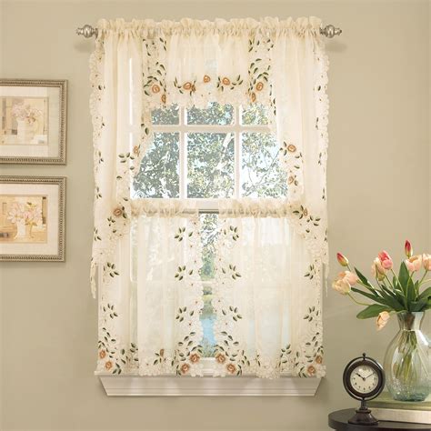 Floral Embroidered Semi Sheer Linen Kitchen Curtain Choice Tier Valance