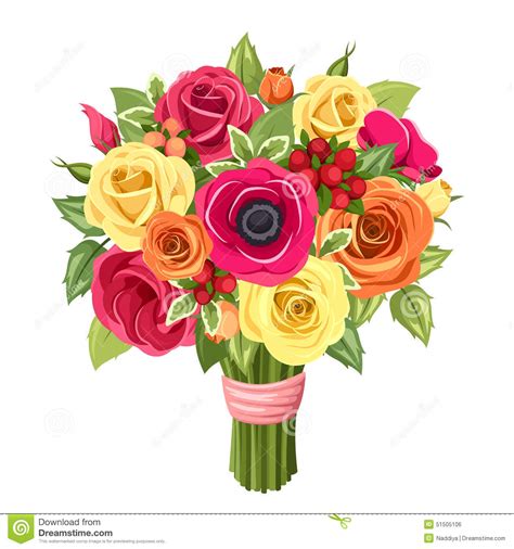 Bouquet Of Colorful Roses Lisianthus And Anemones Flowers Vector