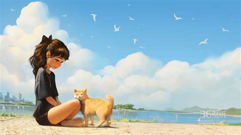 女孩和猫，蓝天白云，湖边沙滩 短裤女孩和她的黄色小猫唯美壁纸图片 动漫壁纸 3g壁纸