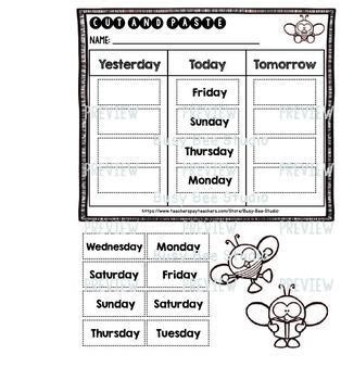 Days Of The Week Worksheets Cut And Paste By Busy Bee Studio Tpt