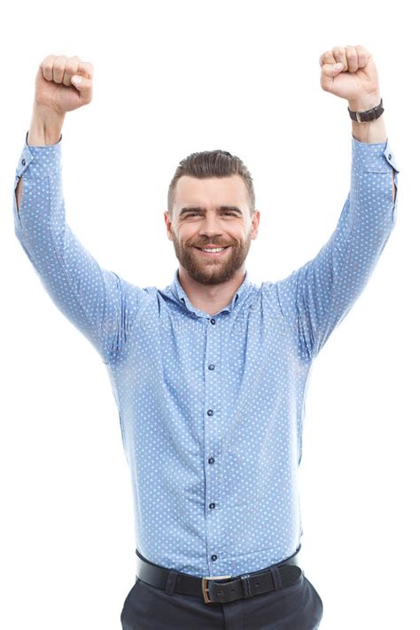 Cheering Man With Raised Arms Stock Photo Image Of Manage Beard