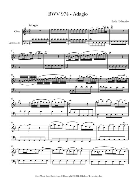 Bach Bwv 974 Adagio Bachmarcello Sheet Music For Oboe Cello Duet