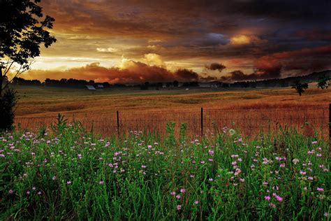 Wv Heavenly Sunset Farm Scene The Sky Free Nature