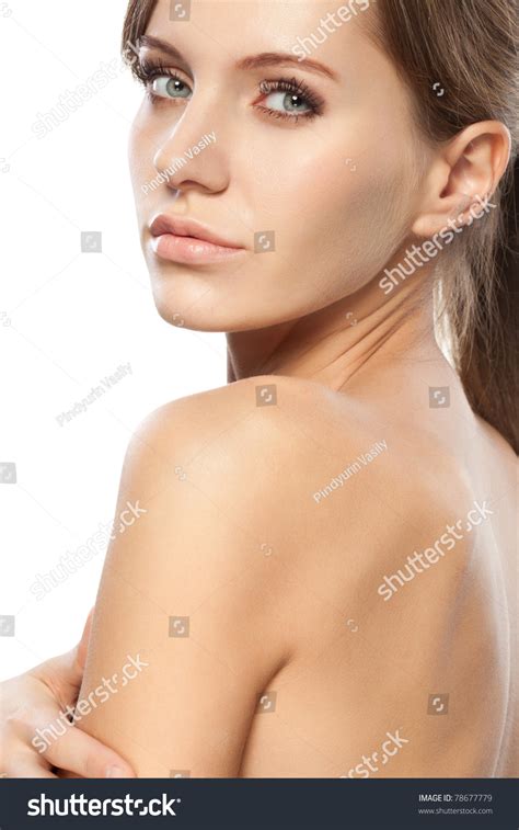 Beautiful Woman Face And Shoulders Over White Stock Photo