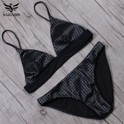 Nakiaeoi 2019 New Patchwork Pu Sexy Bikini Swimwear Women Swimsuit Bathing Suit Halter Top