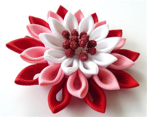 Kanzashi Fabric Flower Hair Clip Red Pink And White Etsy