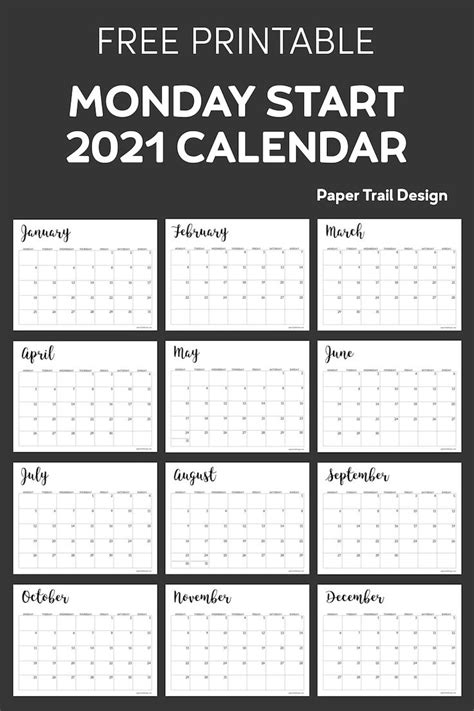 Monthly calendar 2021, including week numbers, 12 pages portrait orientation (vertical), space for appointment on the bottom. Free Printable 2021 Calendar - Monday Start | Paper Trail ...