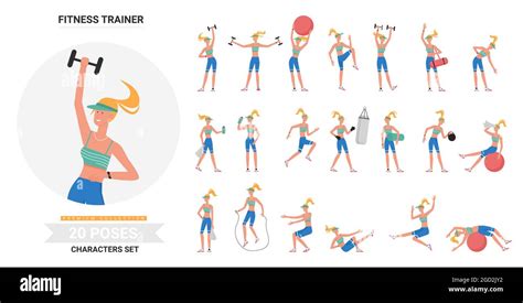 Fitness Trainer Woman Gym Workout Poses Infographic Vector Illustration