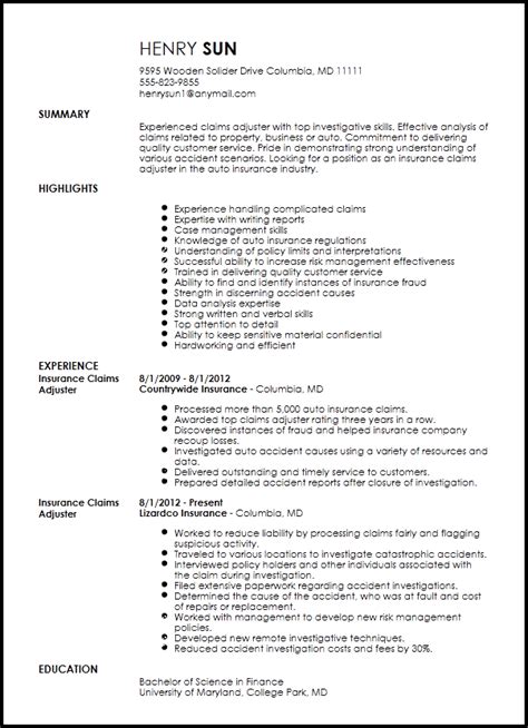 Free Insurance Claims Adjuster Resume Template Resume Now
