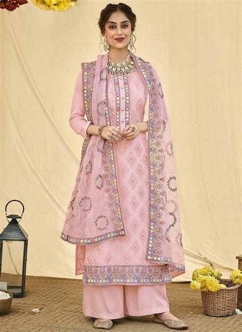 Buy Light Pink Organza Embroidered Palazzo Suit Party Wear Embroidered Sequins Palazzo Suit
