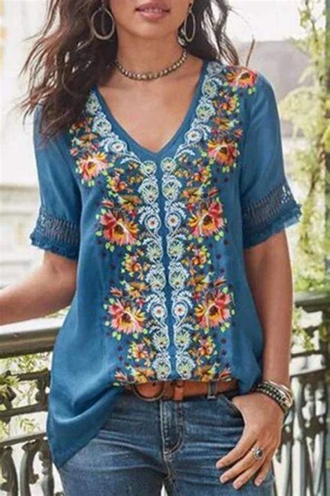 Vintage Embroidery Boho Holiday Top Rebecy Bohemian Tops Floral