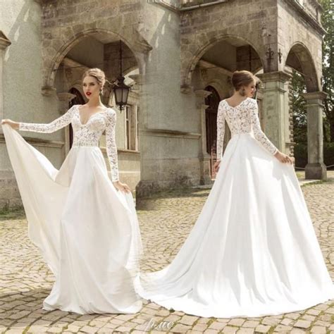 Romantic White Wedding Dresses 2015 Long Sleeve Lace Satin V Neck