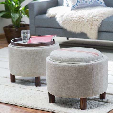 Belham Living Ingram Round Storage Ottoman with Cocktail ... My parents had avoided getting any sort of coffee table for their living room for a long time so i decided i would build one for since i want the slats to be even with the top of the 1x3 side board i could use this set up to easily place the pine strip exactly where it needed to be.