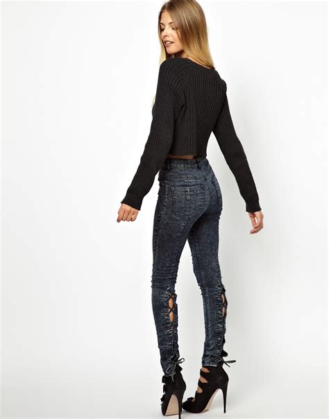 Asos High Waist Ultra Skinny Jeans With Lace Back Detail In Blue Lyst