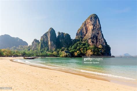 Railay West Beach Surrounded By Mountains Krabi Province Thailand High