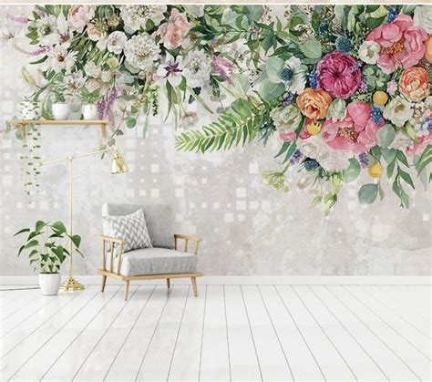 Floral Wall Mural Flowers Wallpaper Modern Home Decor For Etsy